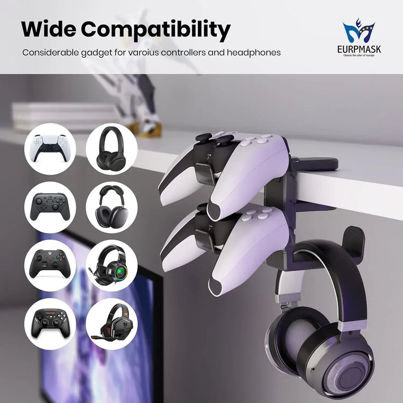 3-in-1 PC Gaming Headset&Controller Holder Headphone Stand W/Adjustable Clamp&2 Controller Holder Universal PC Gaming Accessory