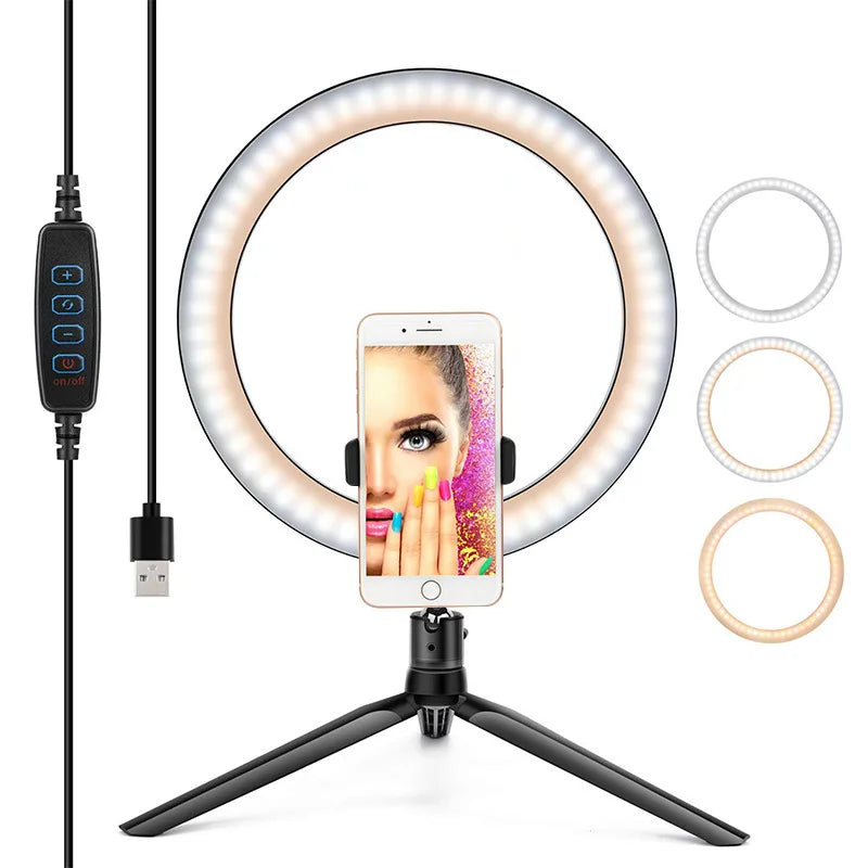 10 Inch LED Selfie Ring Light Dimmable Photography Fill Lamp with Mini Tripod for Phone Tiktok Live Video Photo Studio Ringlight