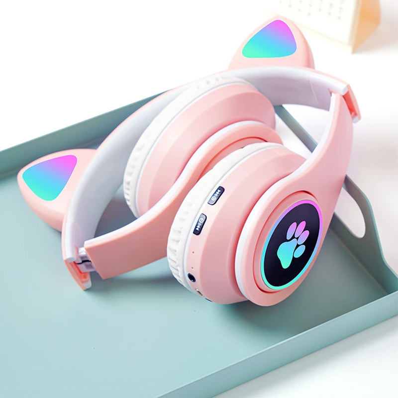 Bluetooth Wireless Headphones Cat Ear Glow Light Stereo Bass Helmets Children Gamer Girl Gifts PC Phone Gaming Headset