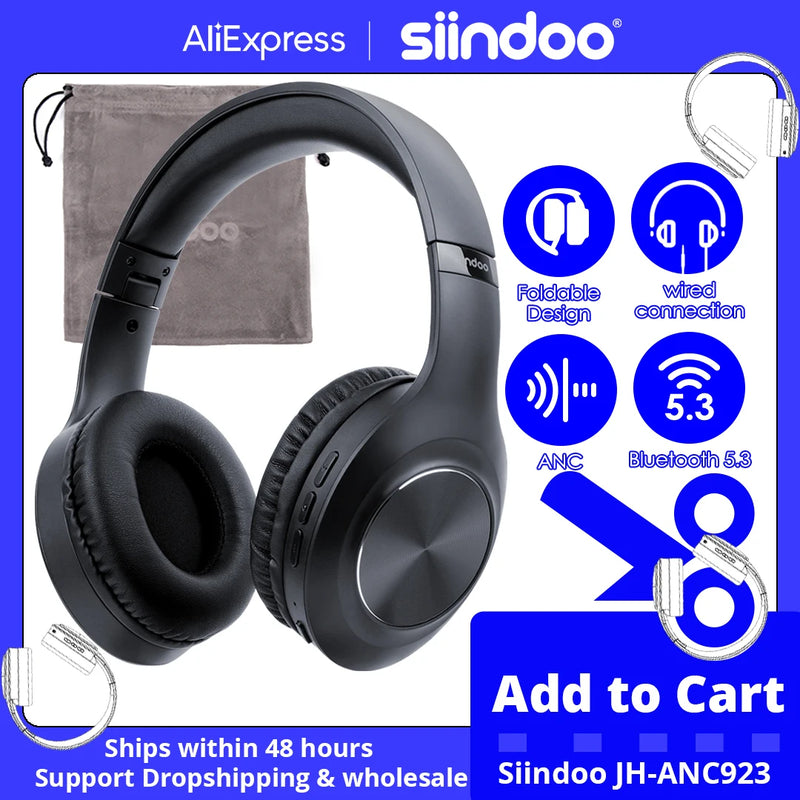 Siindoo JH-ANC923 Active Noise Cancelling Wireless Headset Foldable Over-Ear Bluetooth Headphones With Mic HiFi Stereo Deep Bass