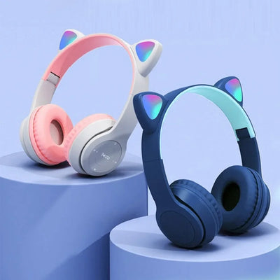 P74M Wireless Bluetooth Headphones Cat Ear Gaming Headset Glow Light Helmets Cute Sports Music Headsets for Children Girl Gifts