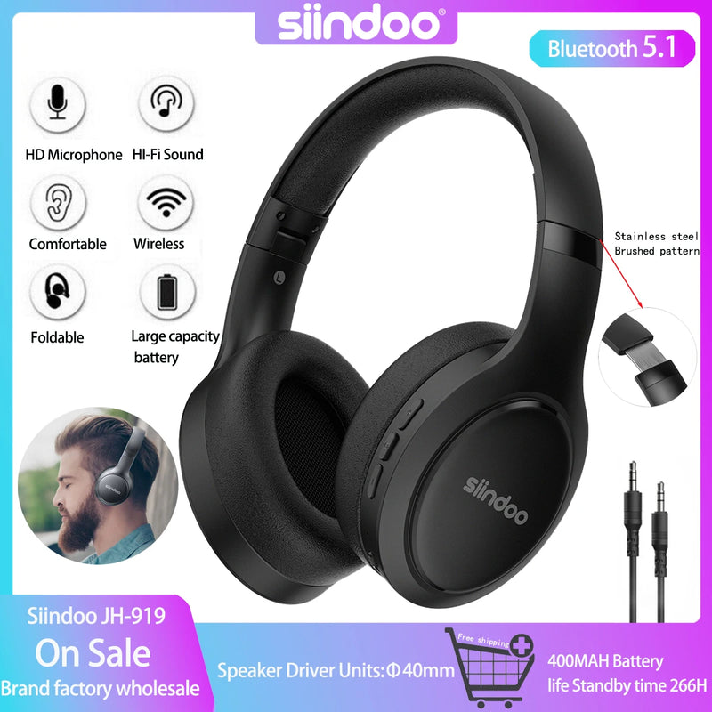 Siindoo JH-919 Wireless Bluetooth Headphones Foldable Stereo Earphones Super Bass Noise Reduction Mic For Iphone Laptop PC TV