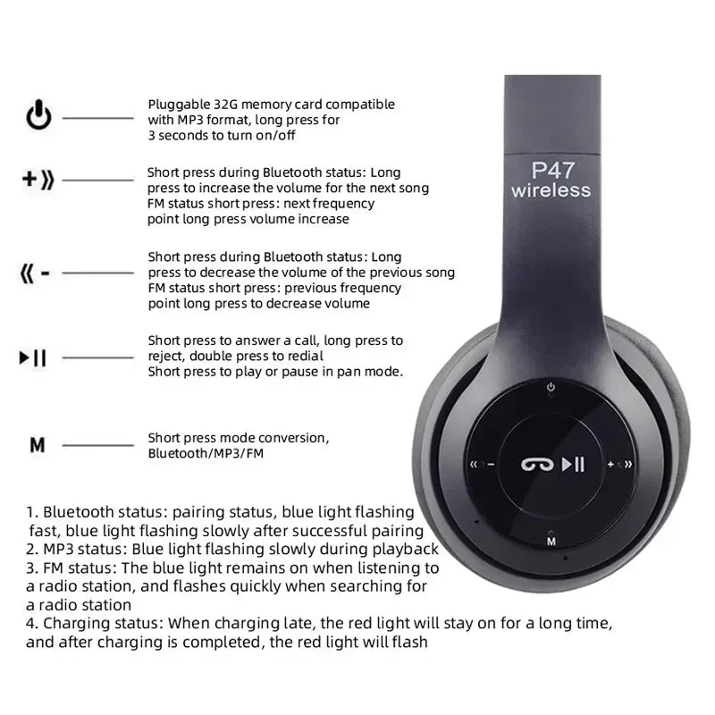 P47 Wireless Bluetooth Headphone With Microphone Foldable Headsets Bass HiFi Sound Game Stereo Earphone For Smartphones TV Game