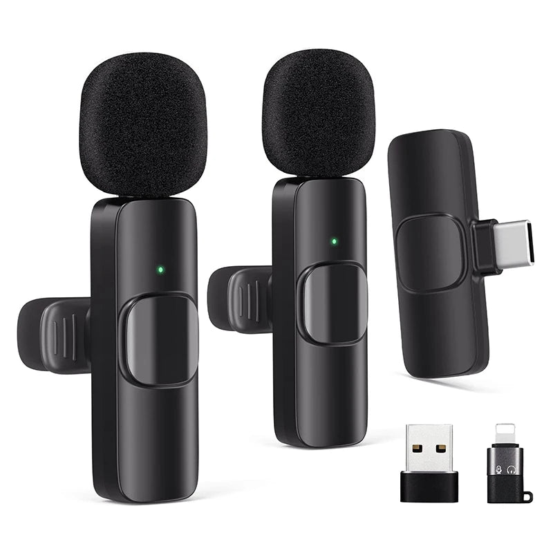 Wireless Lavalier Microphone Portable Audio Video Recording Mini Mic with adapter for iPhone Android Live Broadcast Gaming Phone