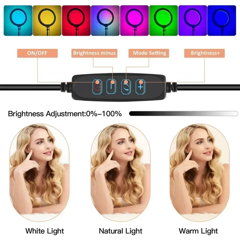 10 inch 26cm LED Selfie Ring Light RGB Dimmable Photography Fill Lamp with 130cm tripod for Phone Tiktok Live Video Photo Studio