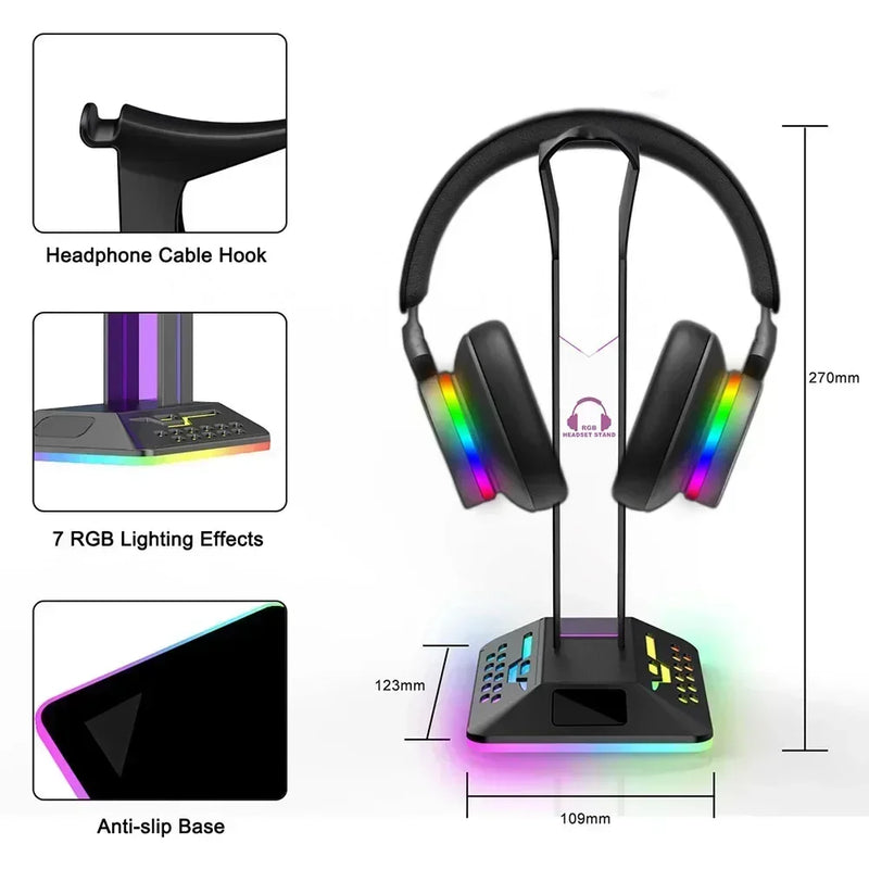 RGB Headphones Stand Over-ear Headset Holder Desktop Display Shelf With 2 USB Ports For Gamers Gaming PC Accessories Desk