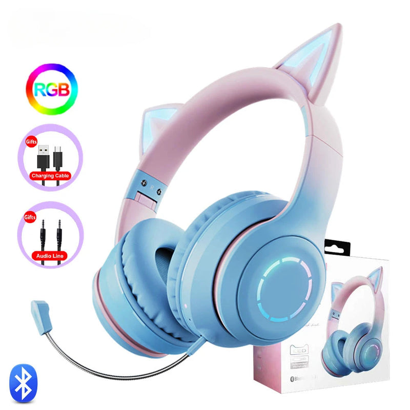 RGB Headset Gamer Girl Wireless Headphones Bluetooth Earphone With Microphone Cat Ear Gaming Earphones Stereo Helmet For Phone