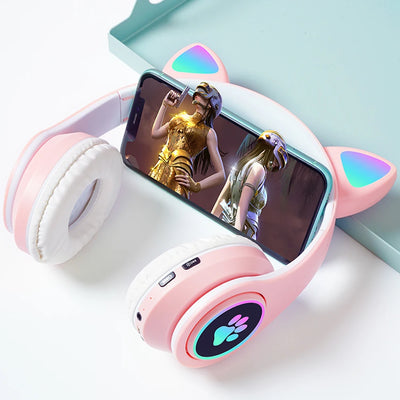 Bluetooth Wireless Headphones Cat Ear Glow Light Stereo Bass Helmets Children Gamer Girl Gifts PC Phone Gaming Headset