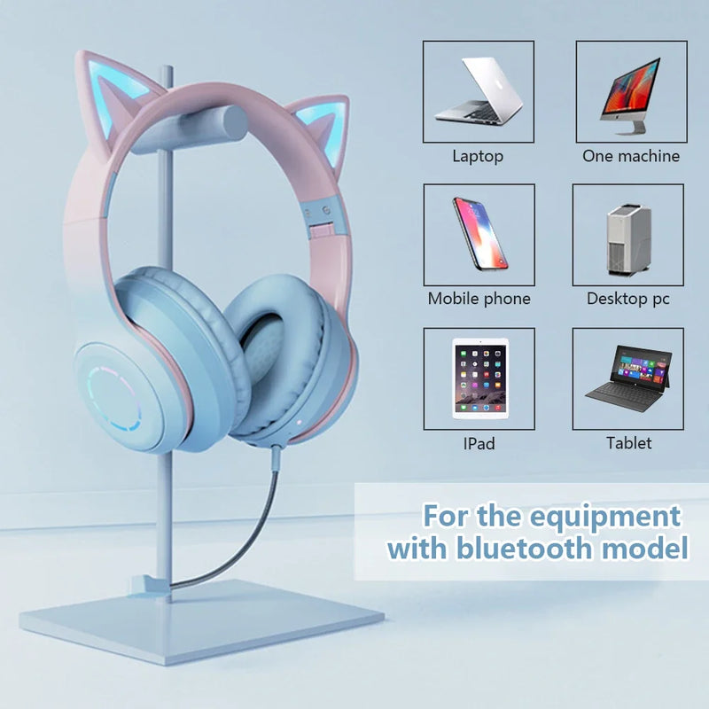 RGB Headset Gamer Girl Wireless Headphones Bluetooth Earphone With Microphone Cat Ear Gaming Earphones Stereo Helmet For Phone