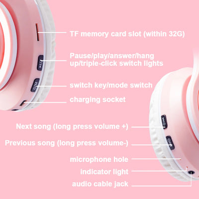 Bluetooth Wireless Headphones Cat Ear Glow Light Stereo Bass Helmets Children Gamer Girl Gifts PC Phone Gaming Headset