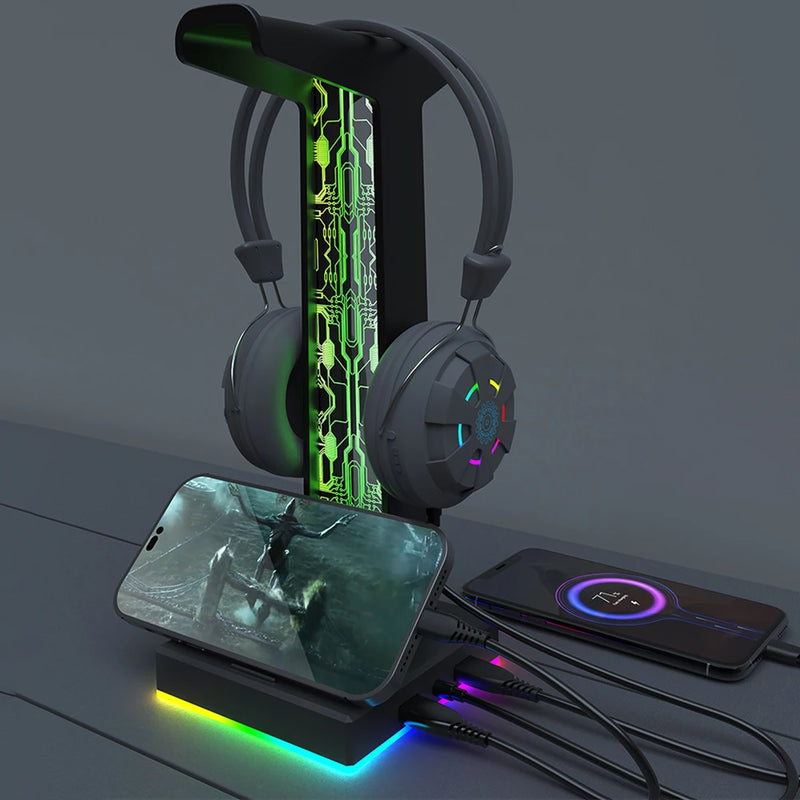 RGB Gaming Headphone Stand Dual USB Port 3.5mm Audio Port 10 Lighting Effects Desktop Gaming Headset Holder Hanger for Gamer PC