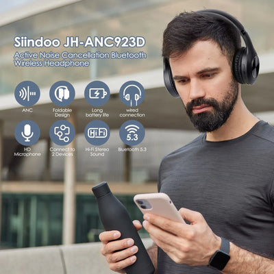 Siindoo JH-ANC923 Active Noise Cancelling Wireless Headset Foldable Over-Ear Bluetooth Headphone With Mic Hi-Fi Stereo Deep Bass