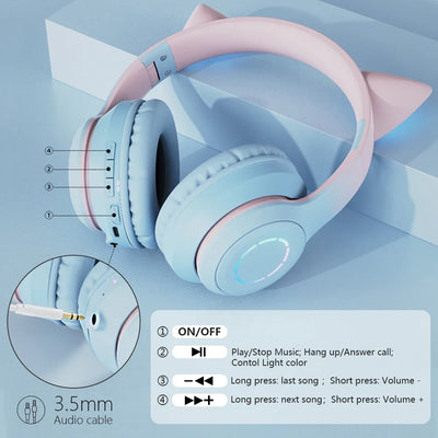 RGB Headset Gamer Girl Wireless Headphones Bluetooth Earphone With Microphone Cat Ear Gaming Earphones Stereo Helmet For Phone