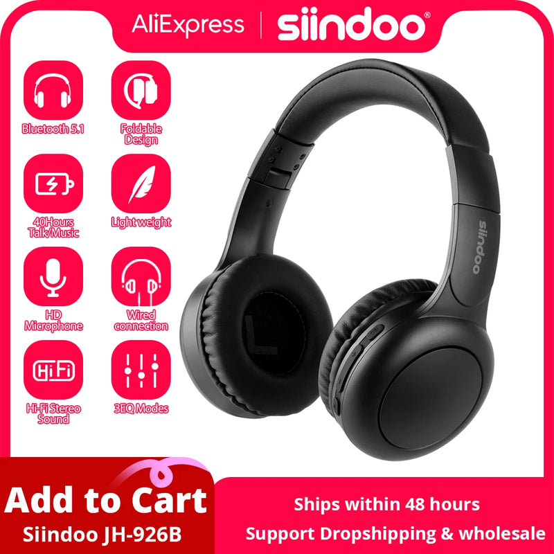 Siindoo Wireless Bluetooth Headphones JH-926B-S Foldable Stereo Earphones HI-FI Super Bass Noise Reduction Mic For Adult Kids PC