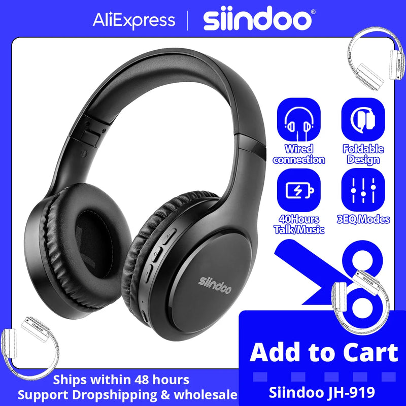 Siindoo JH-919 Wireless Foldable Headphones Bluetooth Stereo Earphones Super Bass Noise Cancelling With Mic Headset For Mobile