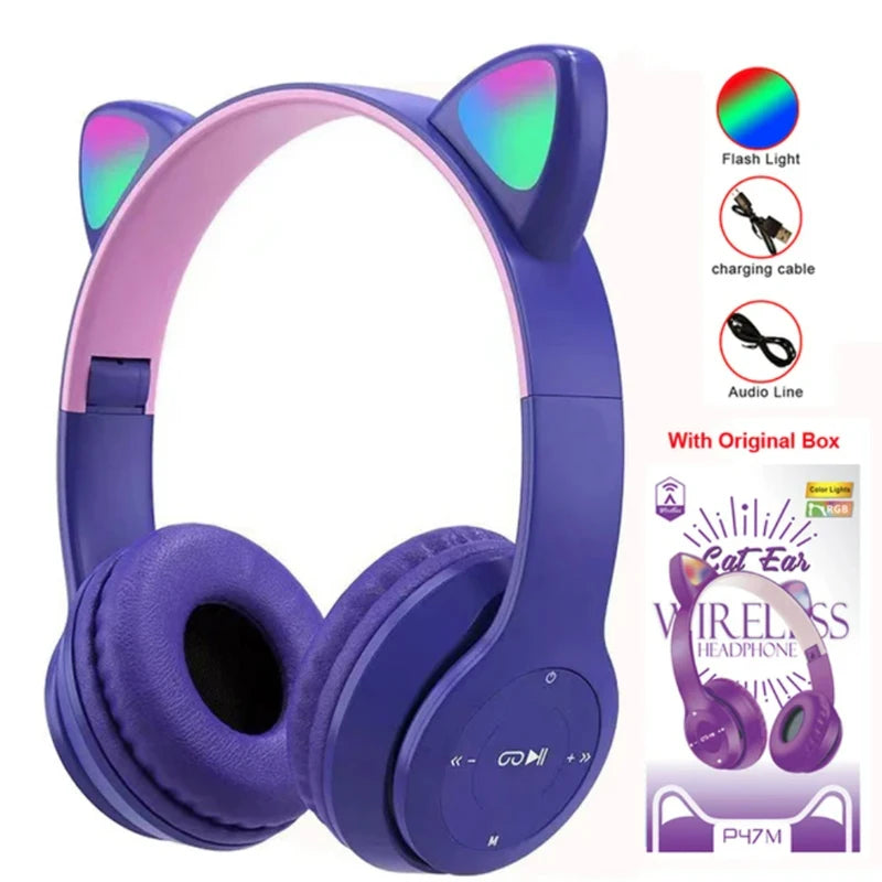 New Wireless Bluetooth Headphones Cat Ear Gaming Headset Glow Light Helmets Cute Sports Music Headsets For Children Girl Gifts