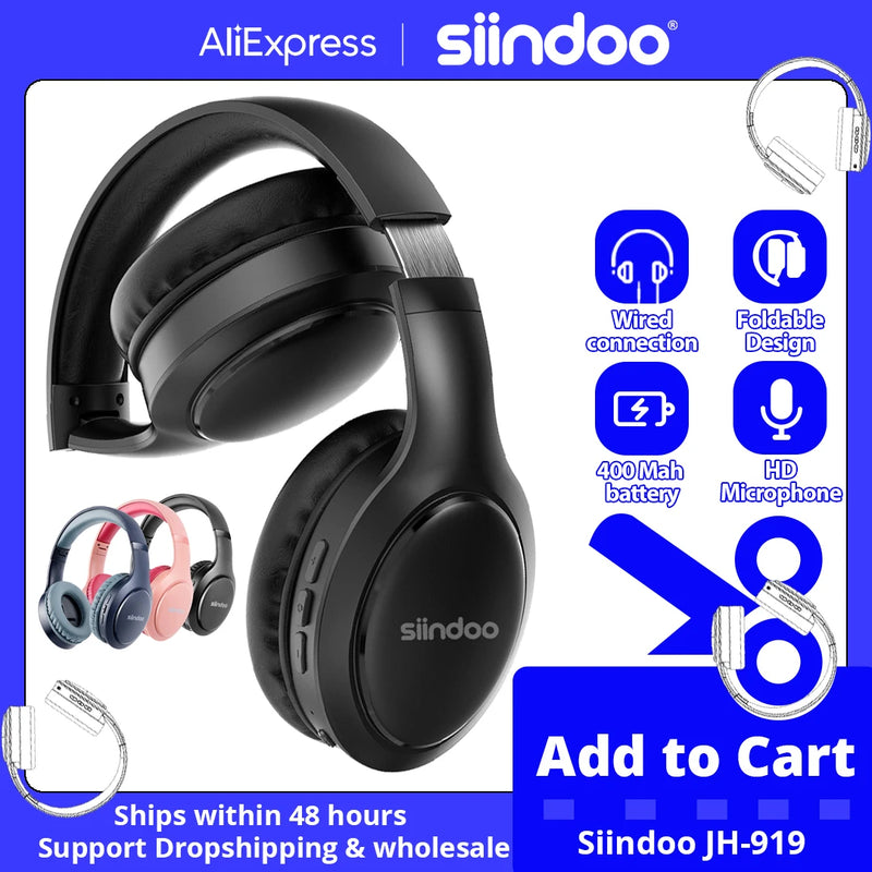 Siindoo Wireless Bluetooth Headphones 3 Colors Foldable Stereo Earphones Super Bass Noise Canceling Mic Headset JH-919 For TV PC