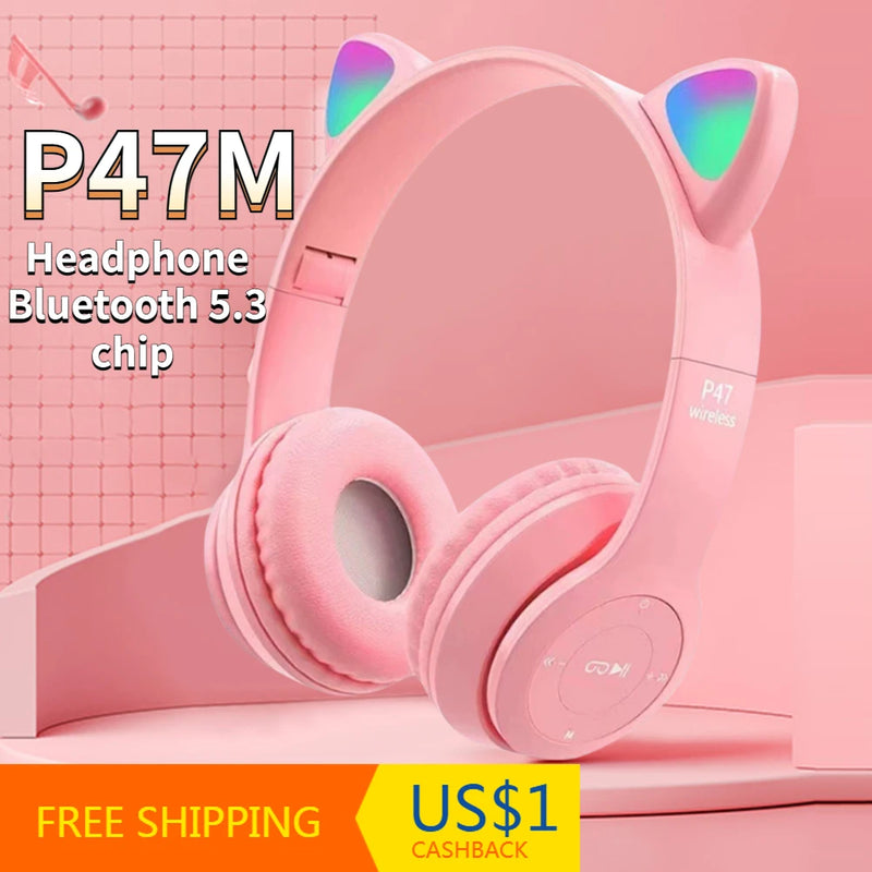 P74M Wireless Bluetooth Headphones Cat Ear Gaming Headset Glow Light Helmets Cute Sports Music Headsets for Children Girl Gifts