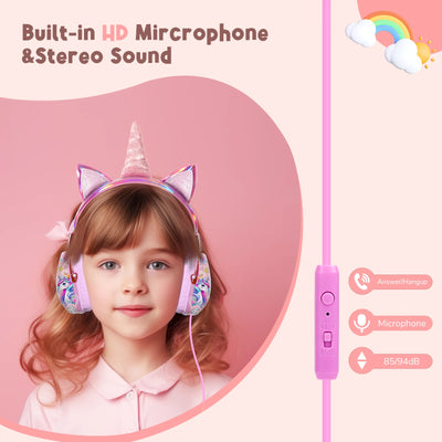 Unicorn Kids Headphones for iPad Helmets School Over Ear Wired Headphones with Mic Foldable Gaming Headset Girls Children Gifts