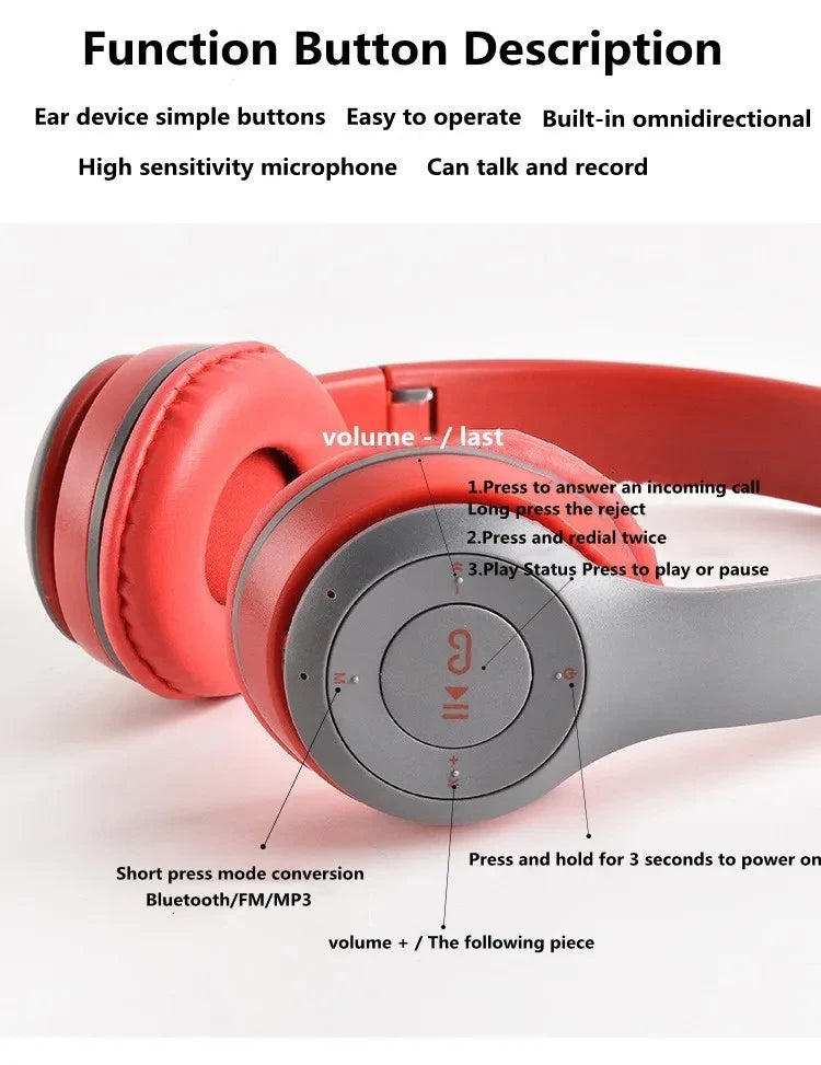 P47 Bluetooth 5.0 Wireless Headphone Foldable HIFI Stereo Bass Earphone Kid Helmet Gift With Mic USB Adaptor For iPhone Game