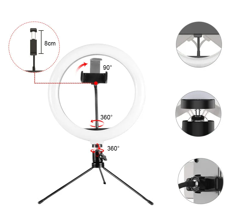 10 Inch LED Selfie Ring Light Dimmable Photography Fill Lamp with Mini Tripod for Phone Tiktok Live Video Photo Studio Ringlight