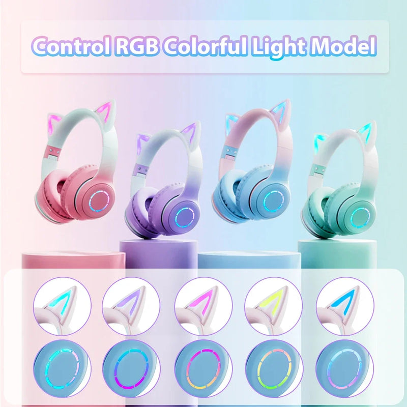 RGB Headset Gamer Girl Wireless Headphones Bluetooth Earphone With Microphone Cat Ear Gaming Earphones Stereo Helmet For Phone